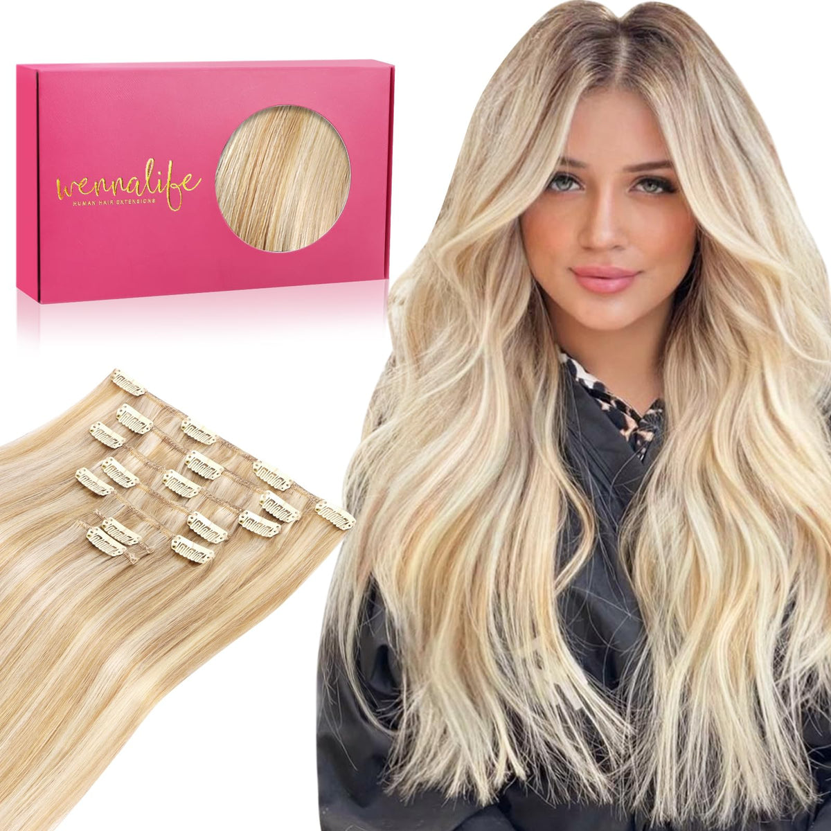 Extensions cheveux clip in Wennalife 16 pouces blond sale, vue de face