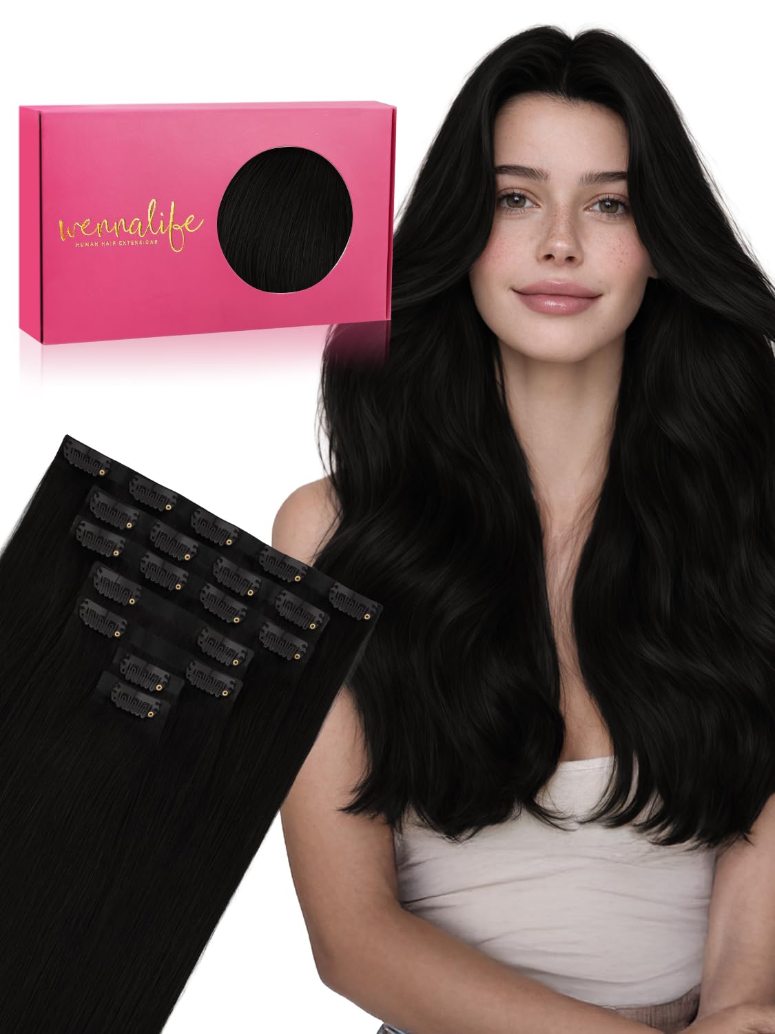 Extensions cheveux clip in Wennalife 22 pouces couleur noir profond vue de face