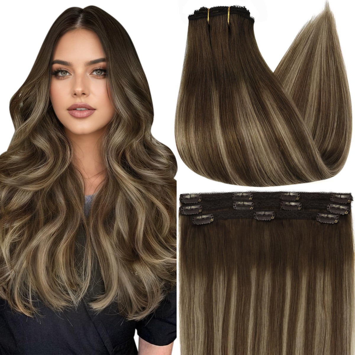Extensions cheveux clip ins Full Shine 12 pouces marron vue avant