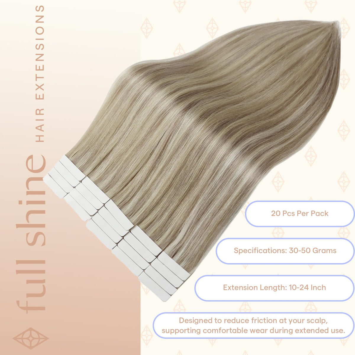 Extensions cheveux Fshine posées sur un fond neutre