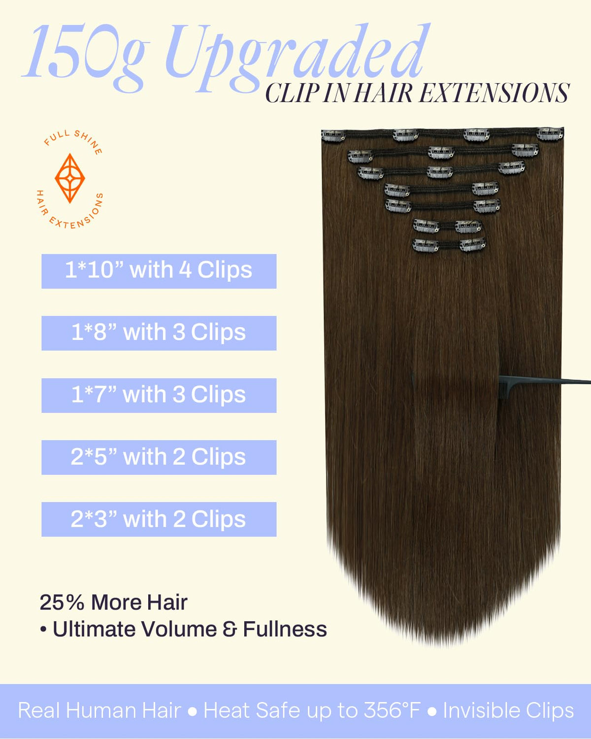 Extensions cheveux Full Shine 22 pouces châtain moyen, vue arrière