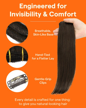 Extensions cheveux Full Shine en brun foncé sur une surface blanche