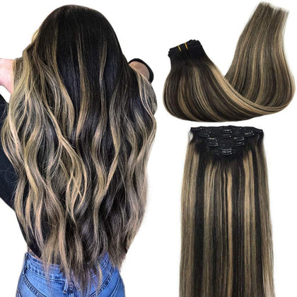 Extensions cheveux GOO GOO 22 pouces balayage noir à blond, vue de face
