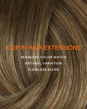 Extensions cheveux humains balayage caramel sur une mannequin