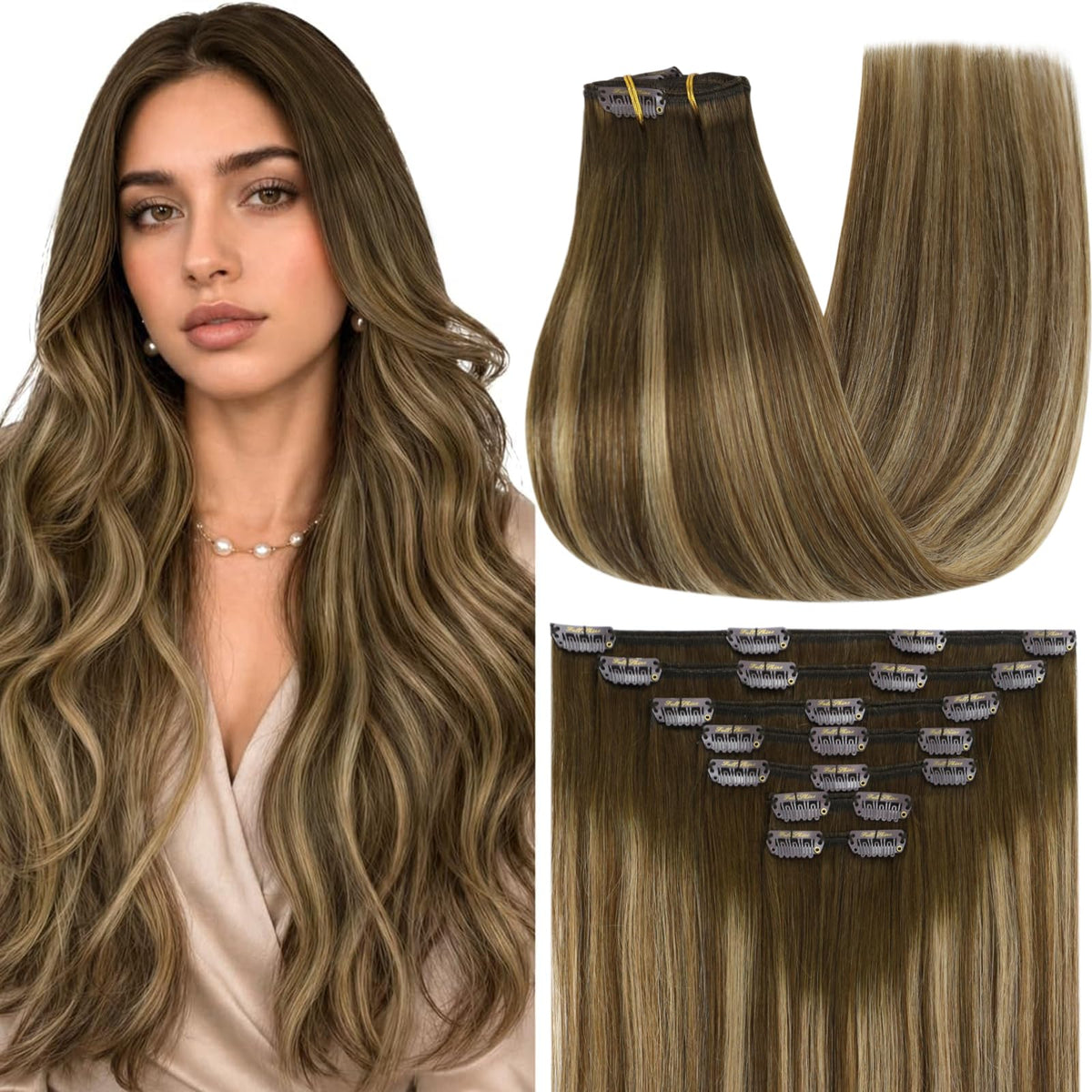 Extensions cheveux humains Full Shine 24 pouces balayage caramel vue de face
