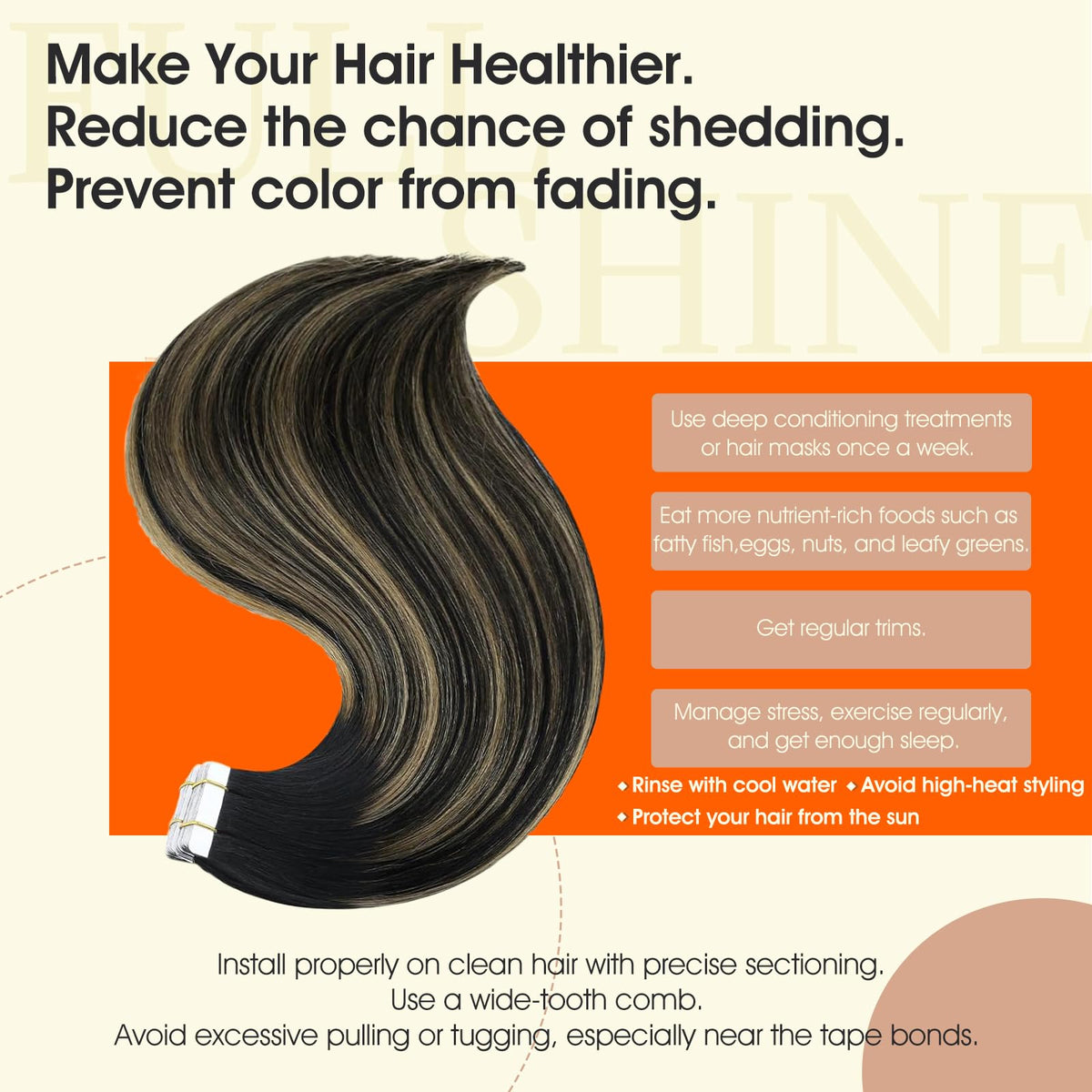 Extensions cheveux humains Full Shine en noir miel posées sur une table