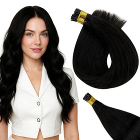 Extensions cheveux humains I Tip 24 pouces couleur noire naturelle vue de face