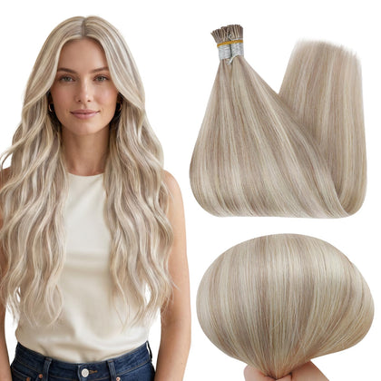 Extensions cheveux humains I Tip Full Shine 18 pouces avec reflets blonds