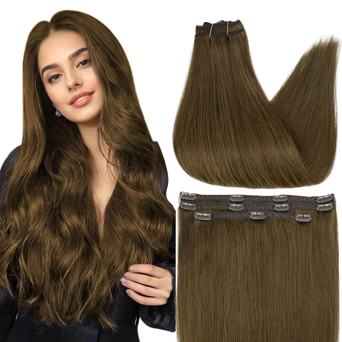 Extensions cheveux humains marron Full Shine, vue de face