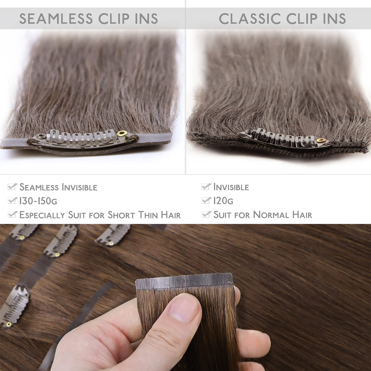 Extensions cheveux marron chocolat Wennalife étalées sur une surface