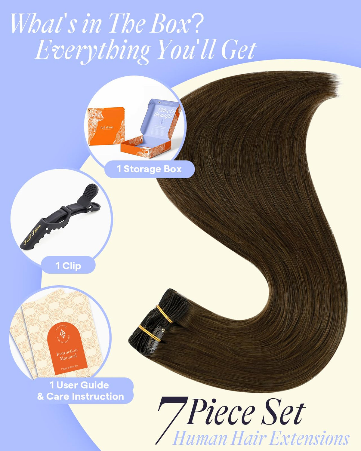 Extensions cheveux marron moyen avec lumière réfléchissante