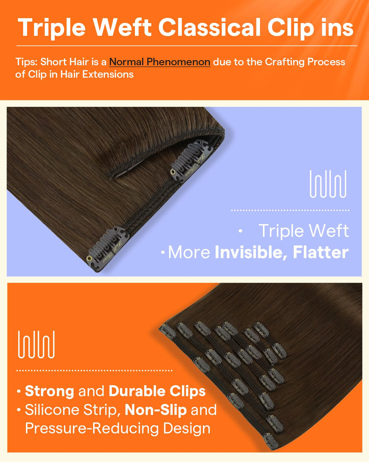 Extensions clip-in châtain clair Full Shine sur un support
