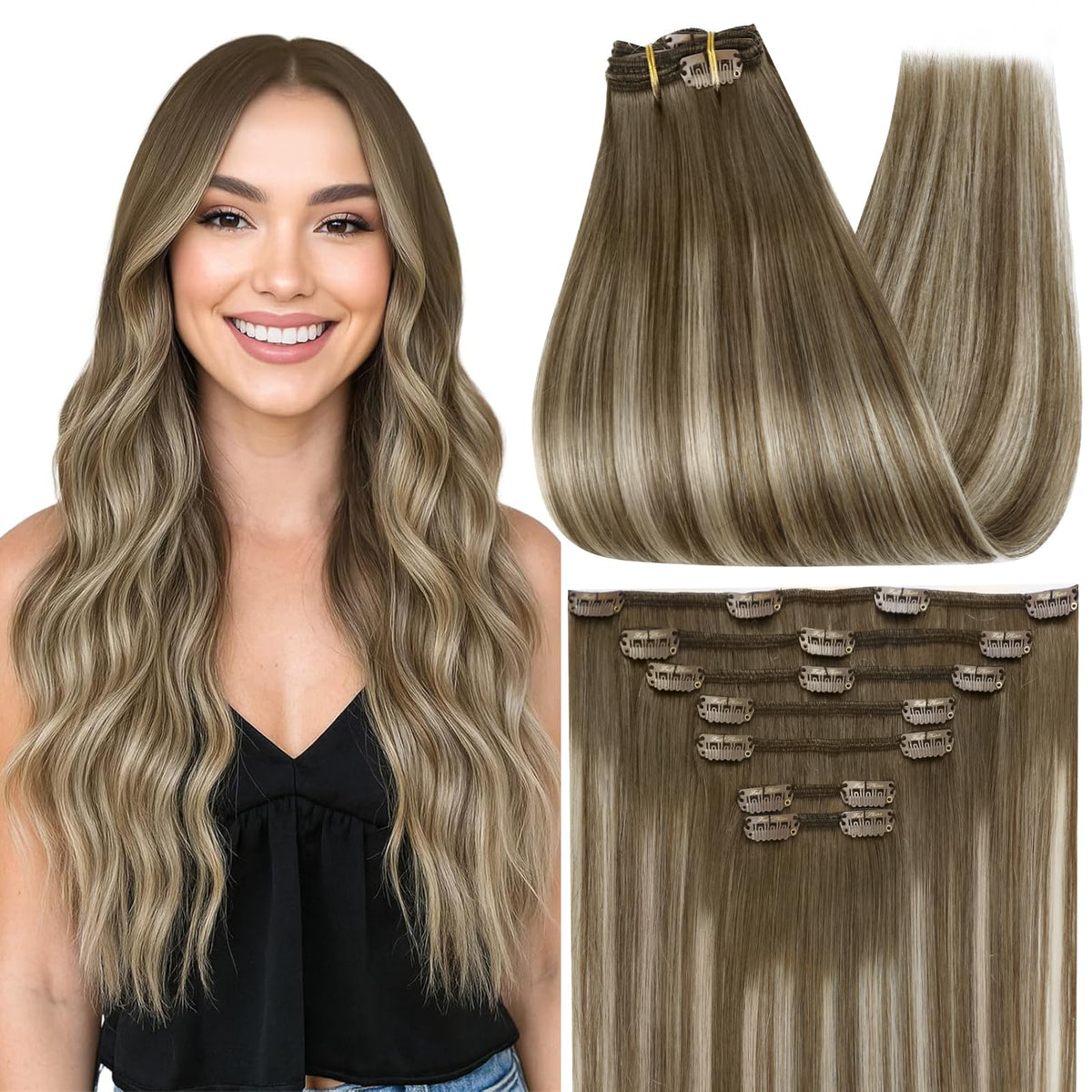 Extensions clip-in Full Shine 18 pouces en cheveux humains Remy, couleur #6/60/6