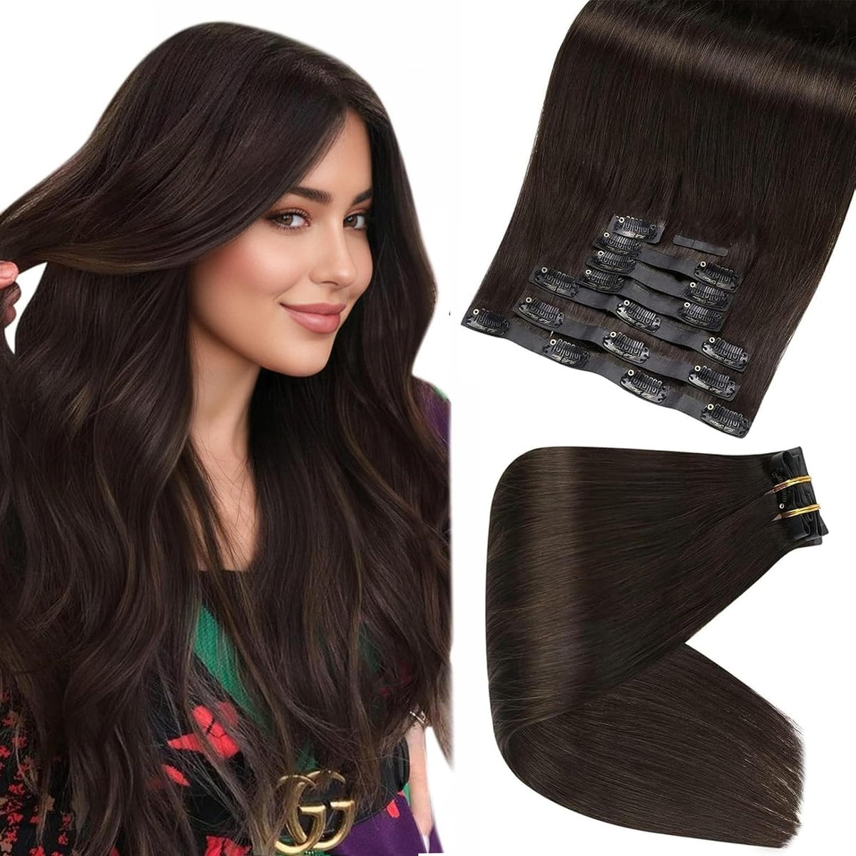 Extensions clip-in Full Shine 24 pouces marron foncé, vue de face