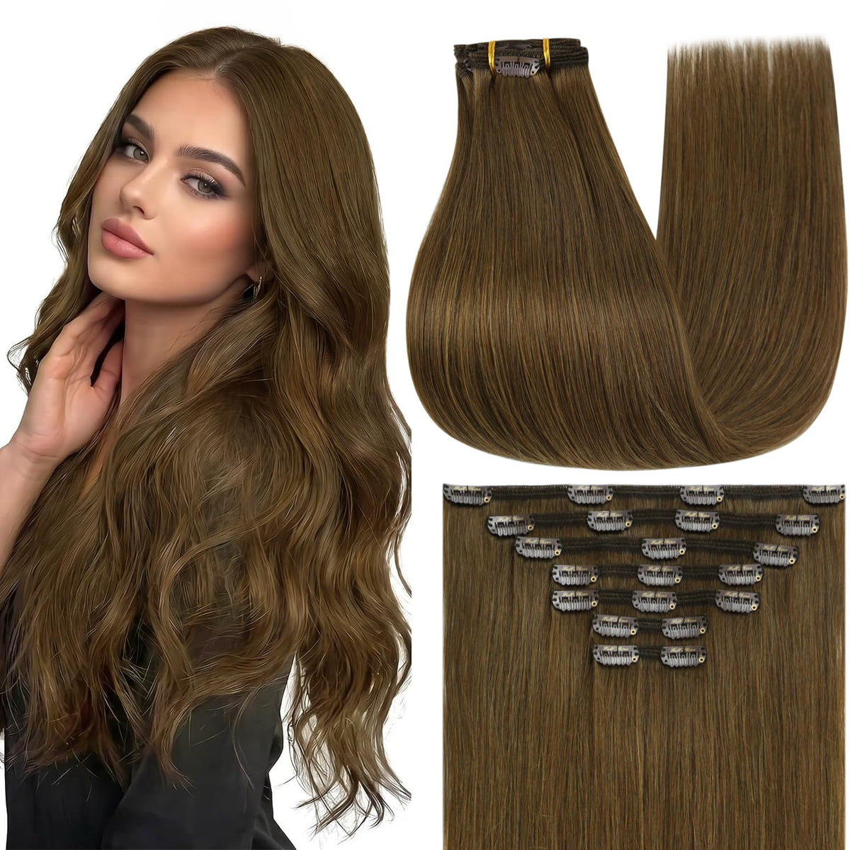 Extensions clip-in Full Shine châtain clair vue de face
