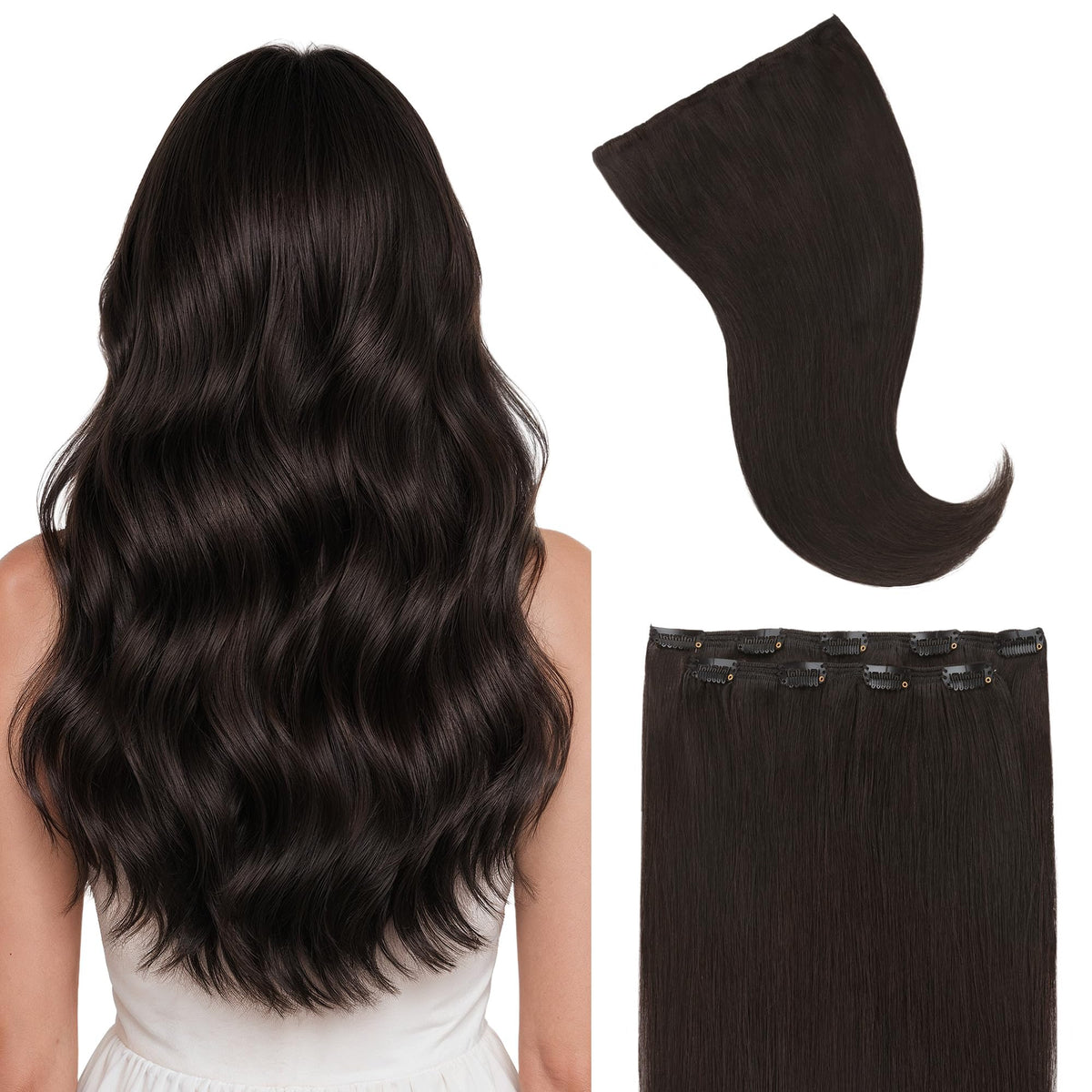 Extensions clip-in GOO GOO en cheveux réels de 20 pouces brun foncé vue de face