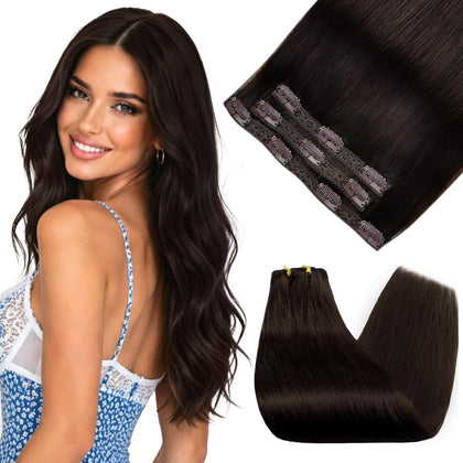 Extensions clip-in Sunny Hair 16 pouces marron foncé vue de face
