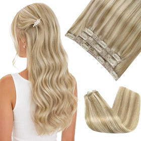 Extensions clip-in Sunny Hair en cheveux humains blonds, 14 pouces, vue de face