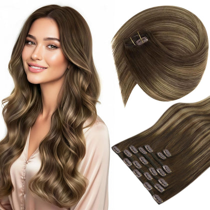 Extensions clip-in Sunny Hair en cheveux humains brun balayage, vue de face