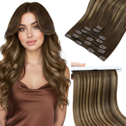 Extensions clip-in Sunny Hair en cheveux humains brun balayage, vue de face