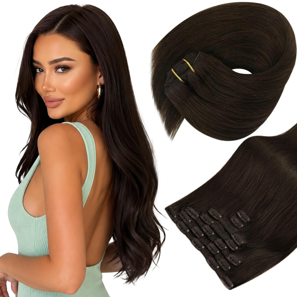Extensions clip-in Sunny Hair en cheveux humains marron foncé, vue de face