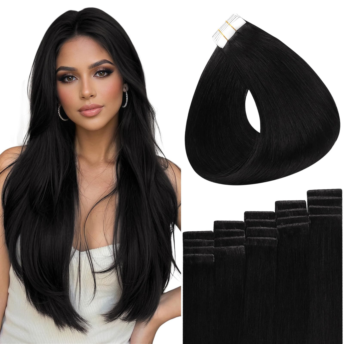 Extensions de cheveux à ruban Full Shine 22 pouces modèle noir jais vue de face