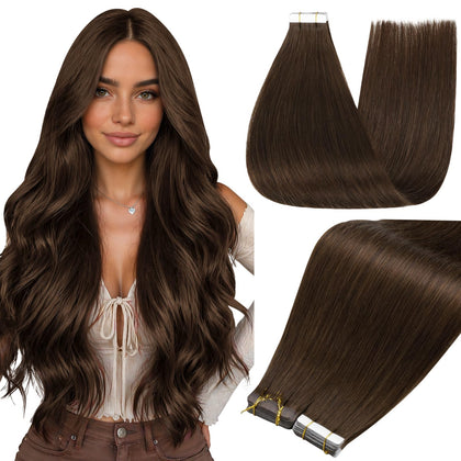 Extensions de cheveux adhésives Full Shine marron foncé 24 pouces vue de face
