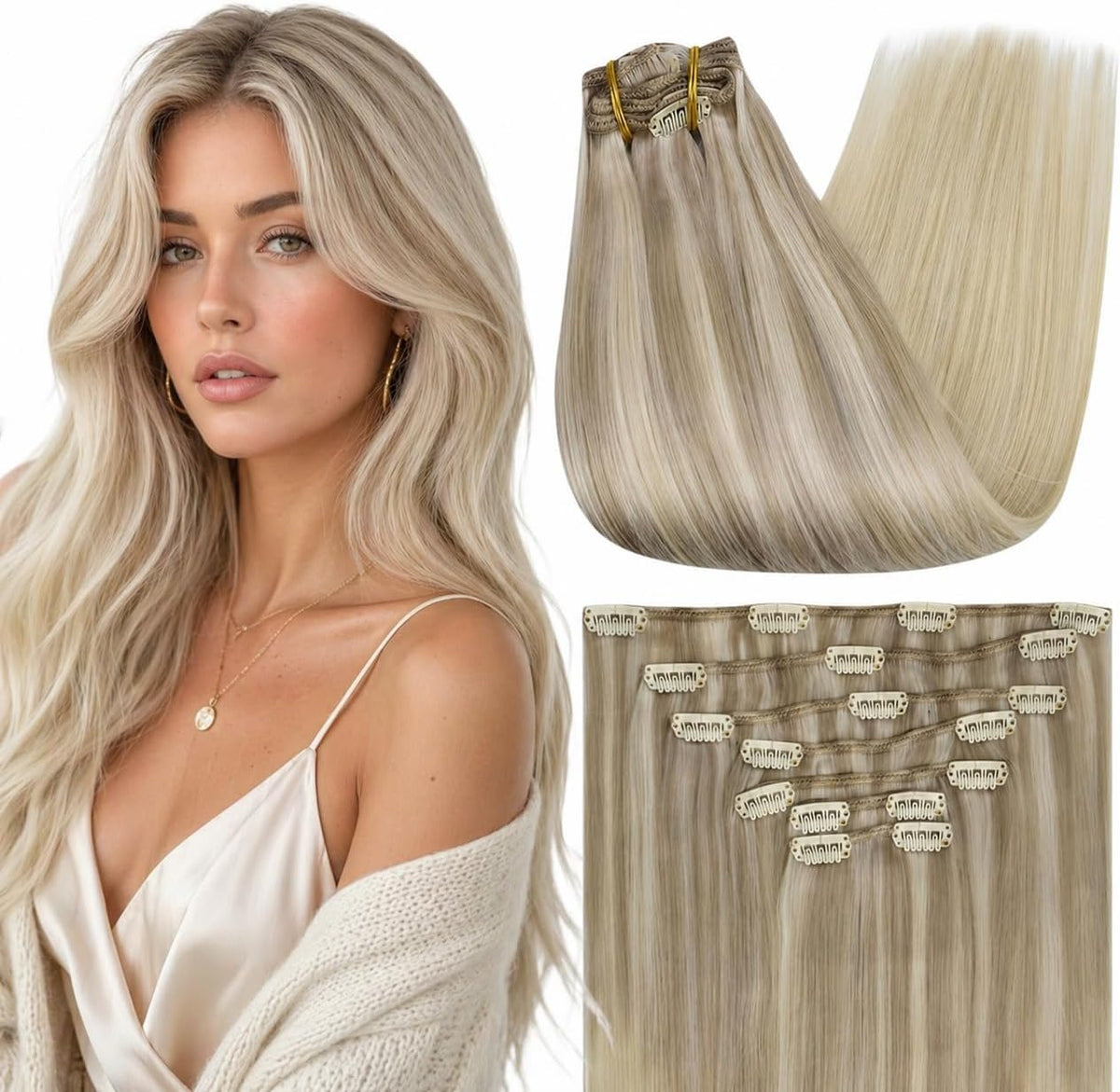 Extensions de cheveux blonds clip-in Full Shine 22 pouces vue de face