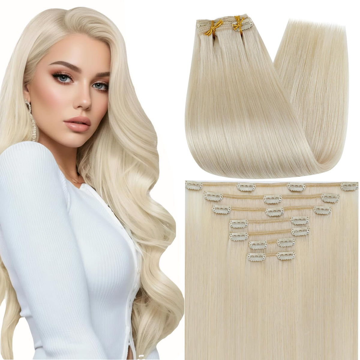 Extensions de cheveux clip-in 22 pouces Full Shine en blond platine, vue avant