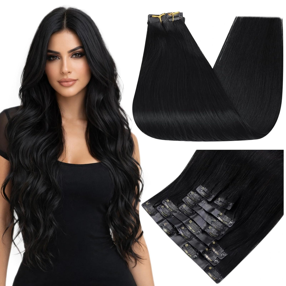 Extensions de cheveux clip-in Full Shine couleur noir profond vue de face