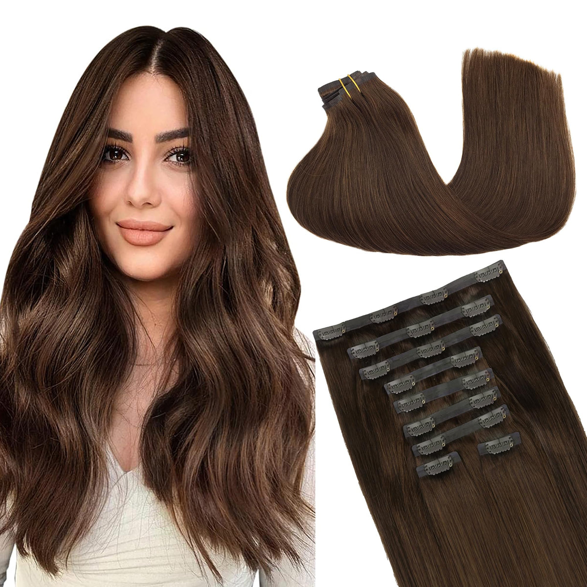 Extensions de cheveux clip-in GOO GOO 14 pouces modèle marron chocolat vue de face