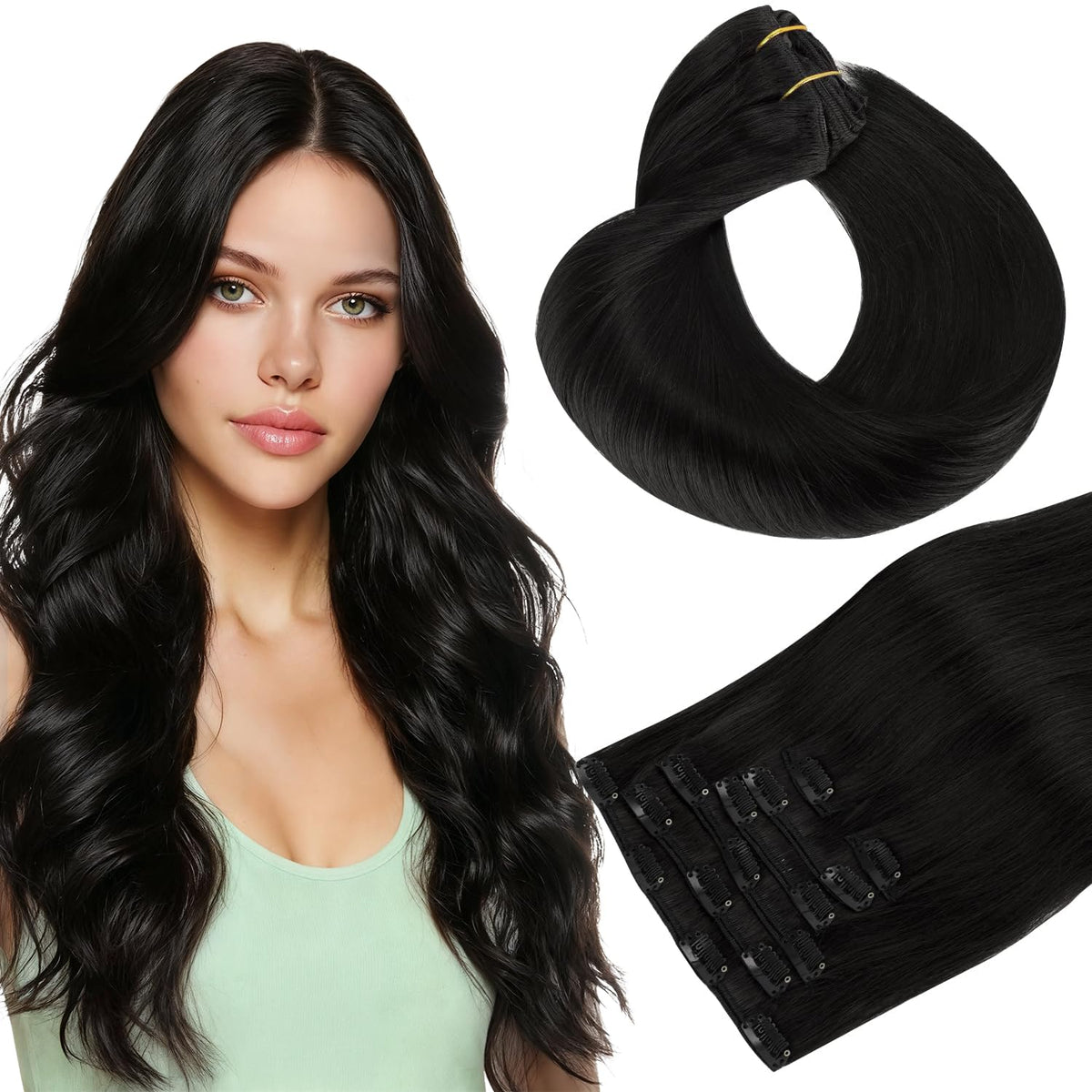 Extensions de cheveux clip-in hotbanana 16 pouces, couleur noire, avant