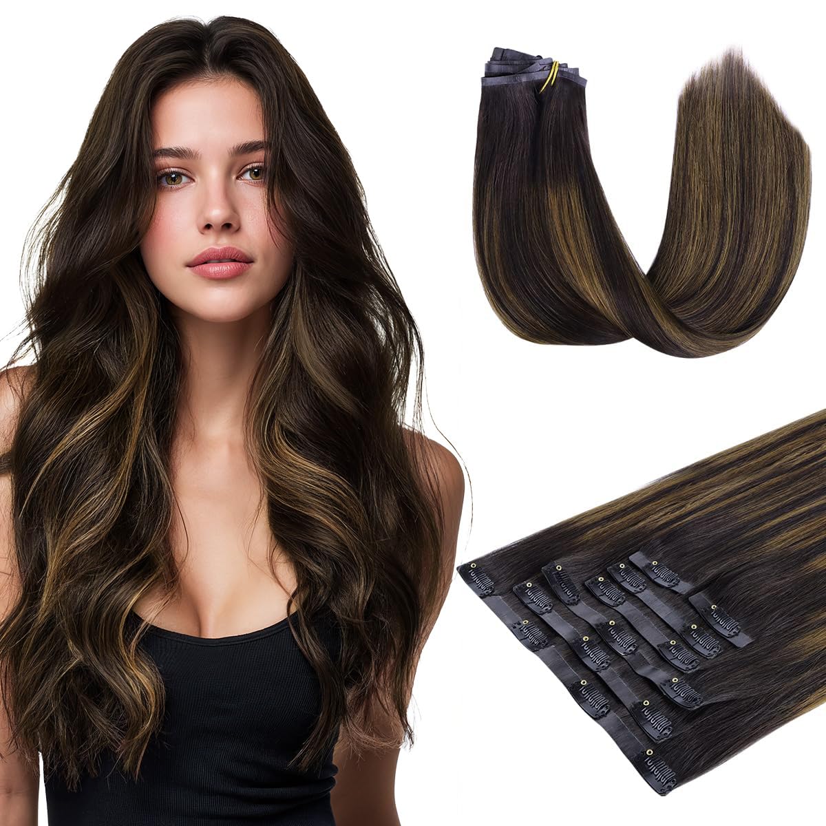 Extensions de cheveux clip in hotbanana 20 pouces marron foncé vue de face