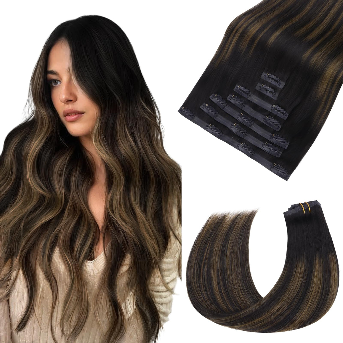 Extensions de cheveux clip-in hotbanana 20 pouces Ombre Noir Marron vue de face