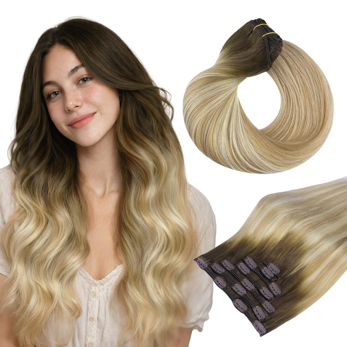 Extensions de cheveux clip-in hotbanana 24 pouces couleur balayage châtain clair à blond clair