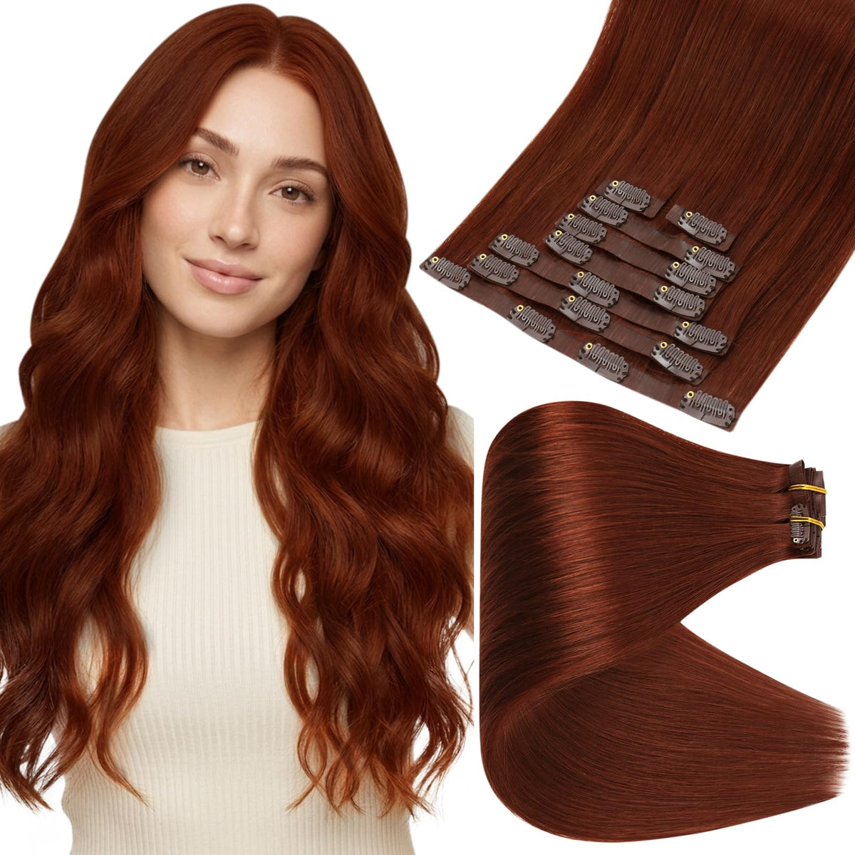 Extensions de cheveux clip-in invisibles Full Shine couleur rouge cuivre vue de face