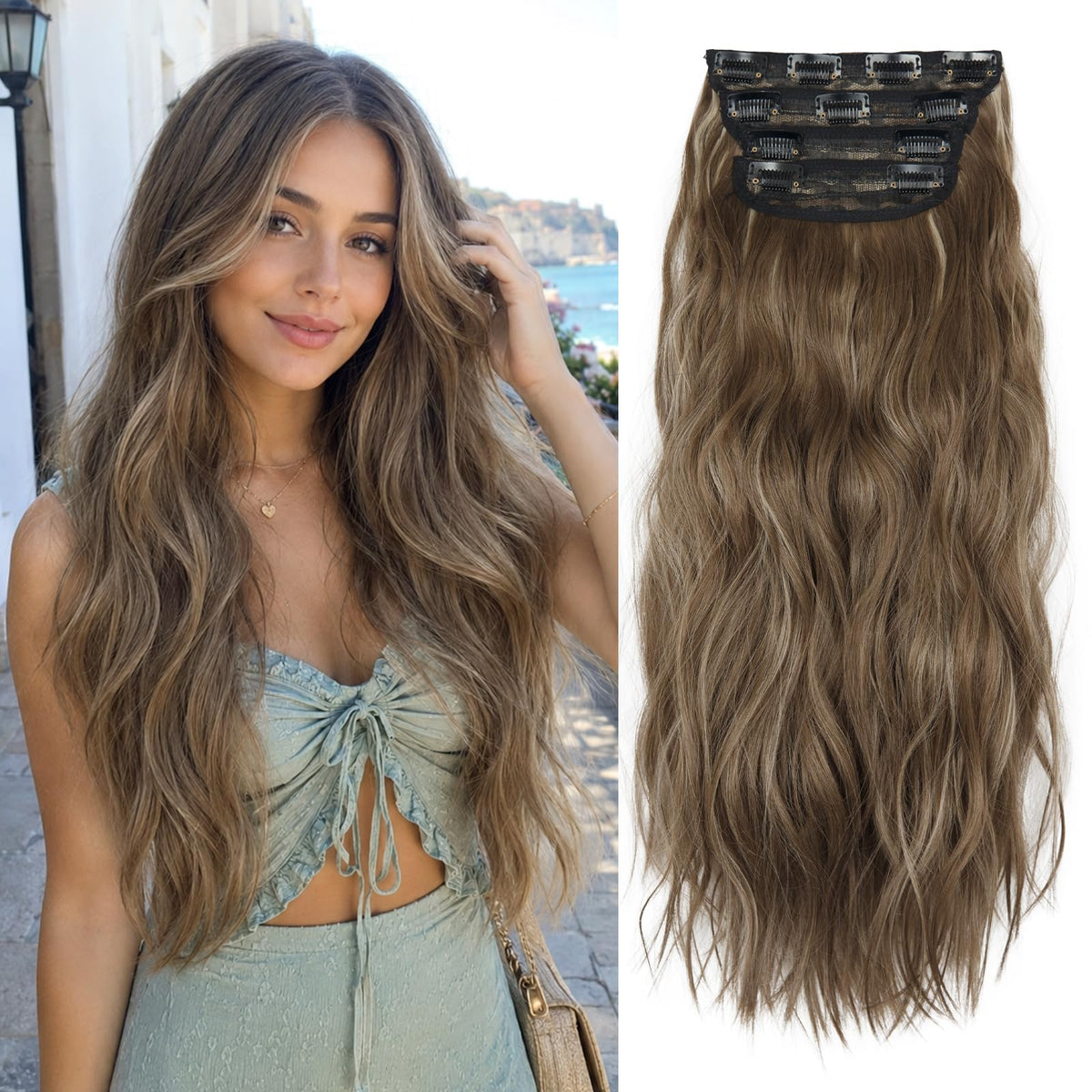Extensions de cheveux clip-in LEEONS miel blond et marron châtaigne, vue de face