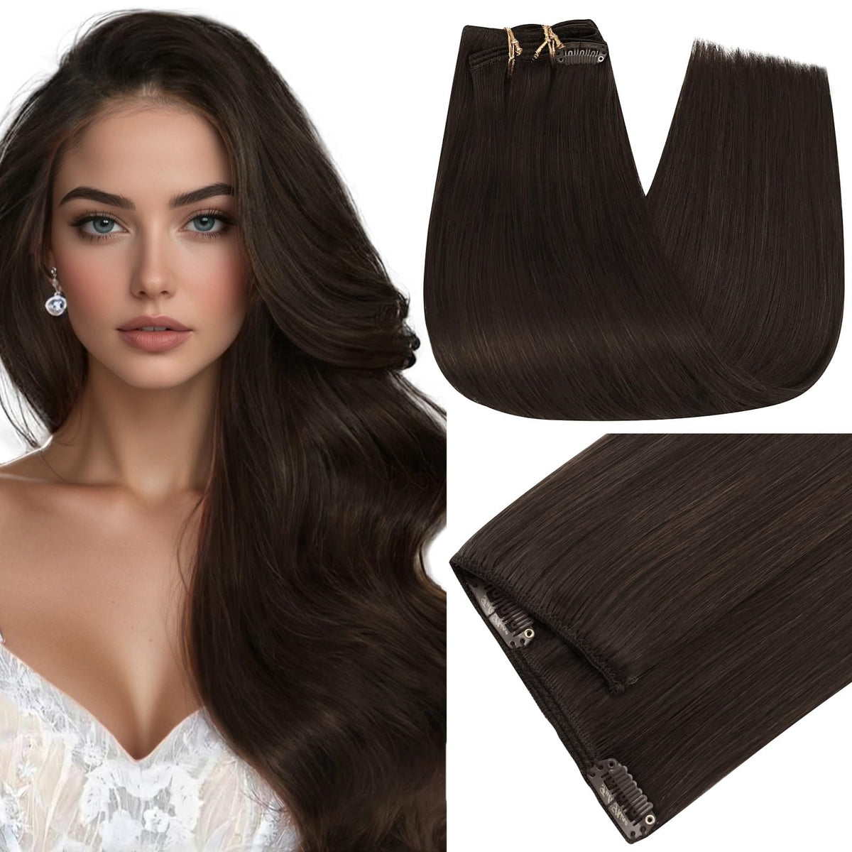 Extensions de cheveux clip-in marron foncé 24 pouces vue de face