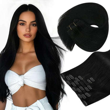 Extensions de cheveux clip-in Sunny Hair en noir ébène, vue de face