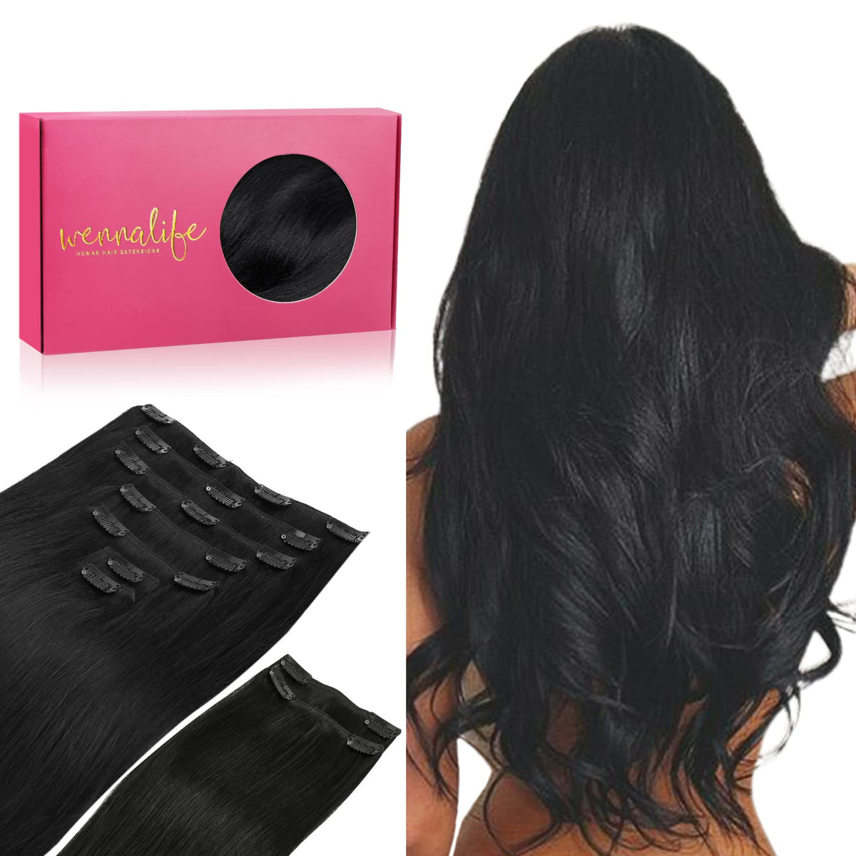 Extensions de cheveux clip in Wennalife 14 pouces modèle noir ébène front view
