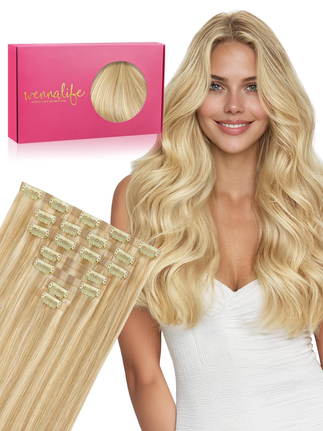Extensions de cheveux clip-in Wennalife 16 pouces blond clair vue de face