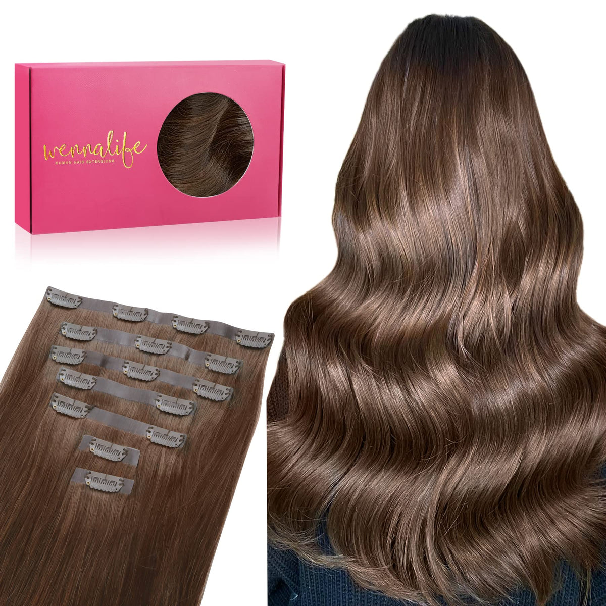 Extensions de cheveux clip in Wennalife 18 pouces Chocolat vue de face