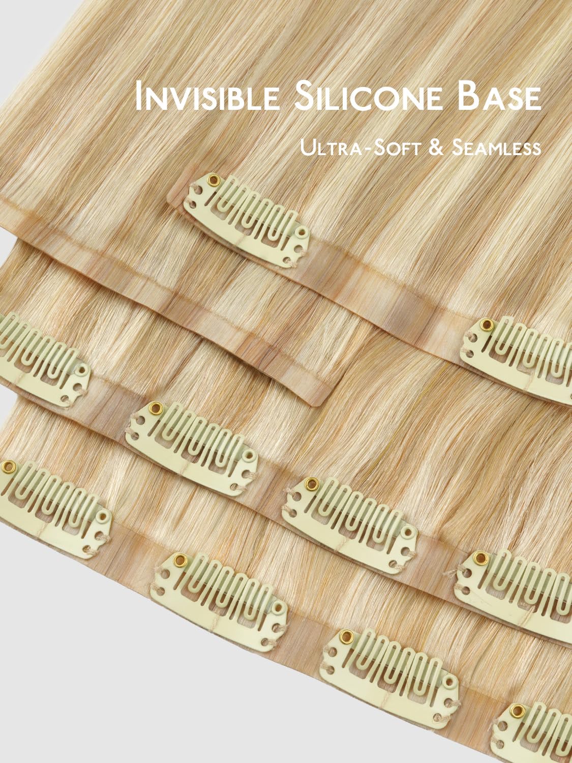 Extensions de cheveux clip-in Wennalife en blond clair sur un fond neutre