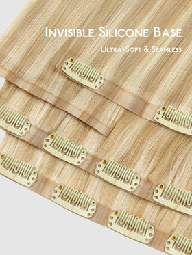 Extensions de cheveux clip-in Wennalife en blond clair sur un fond neutre