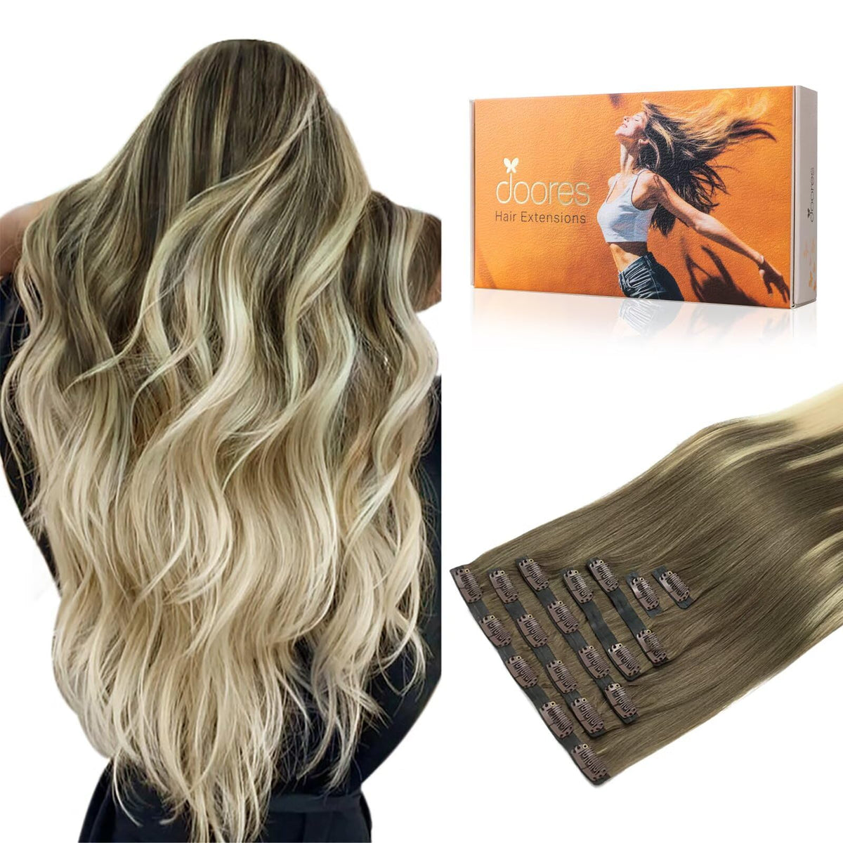 Extensions de cheveux DOORES clip-in en cheveux humains 130g, couleur balayage