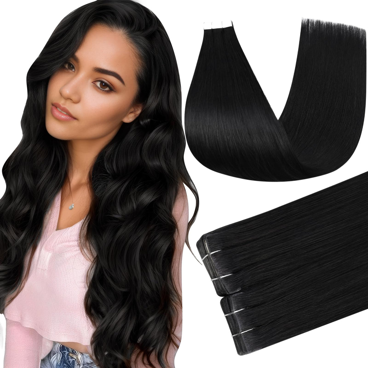 Extensions de cheveux Full Shine 14 pouces couleur noir ébène vue de face
