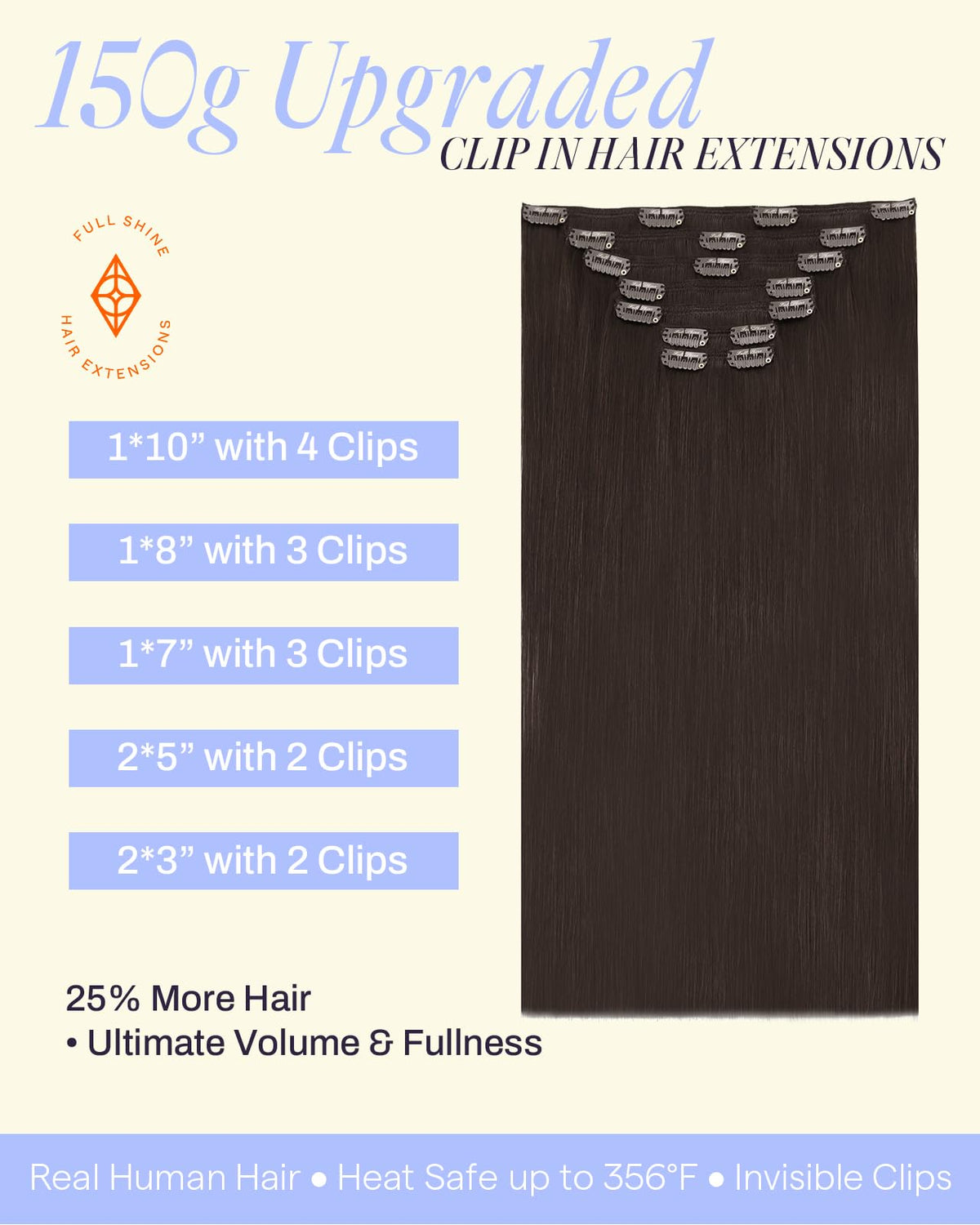 Extensions de cheveux Full Shine 150g affichant les différentes longueurs