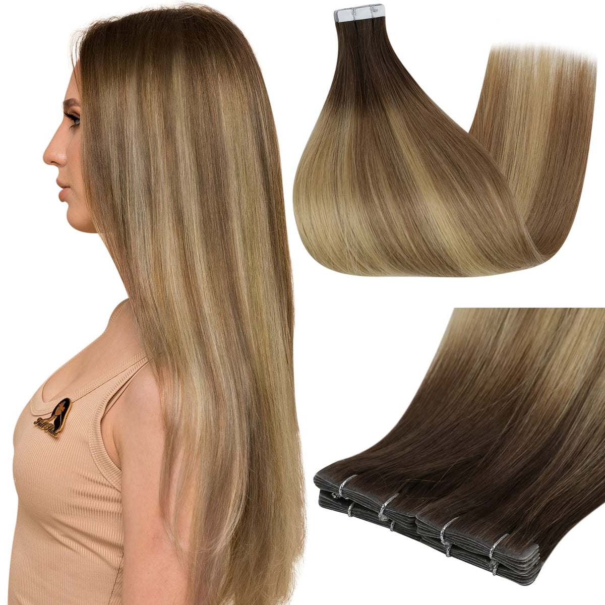 Extensions de cheveux Full Shine 16 pouces brun blond vue de face