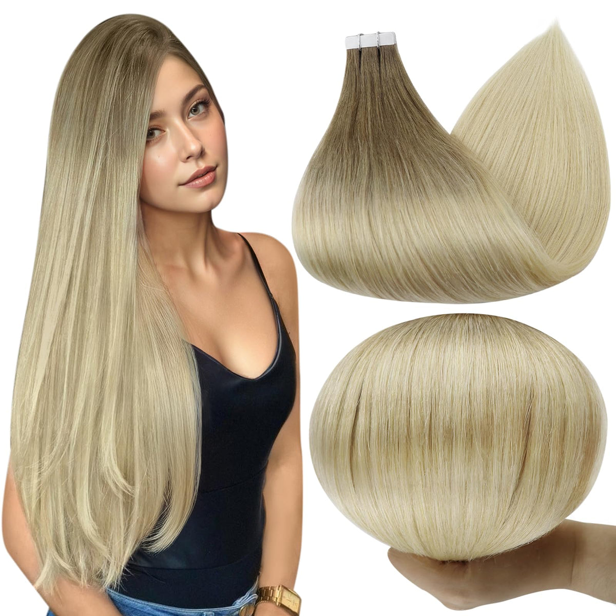 Extensions de Cheveux Full Shine 22 pouces brun à blond cendre, vue de face
