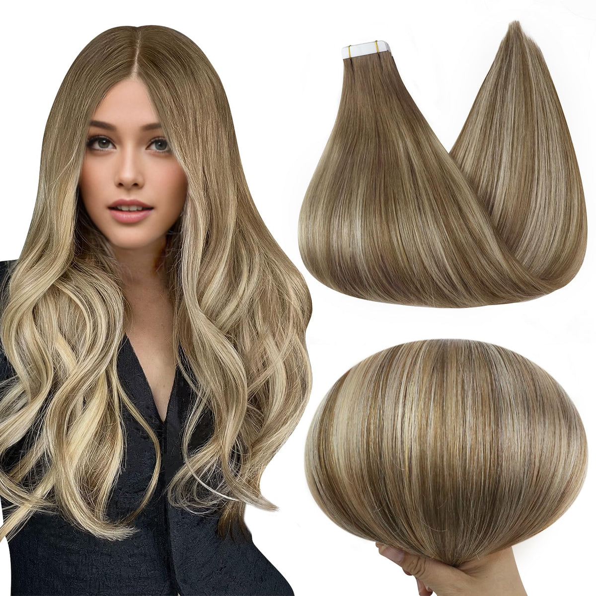 Extensions de cheveux Full Shine 22 pouces brun caramel blond vue de face